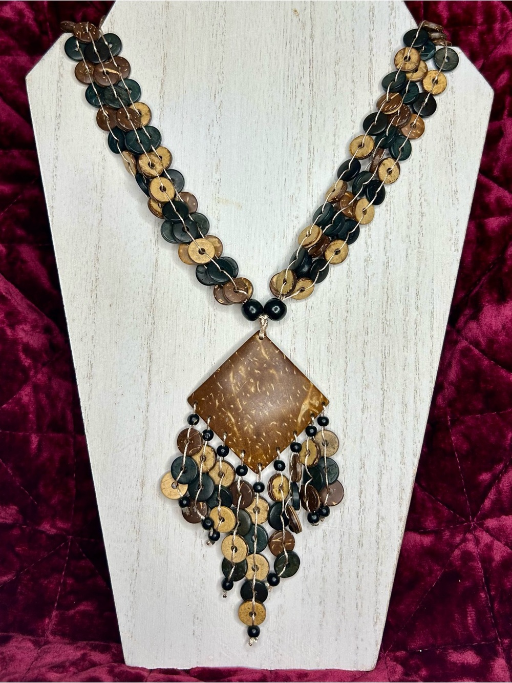 Vintage Boho Tribal Coconut Shell Wood Statement Fringe Necklace